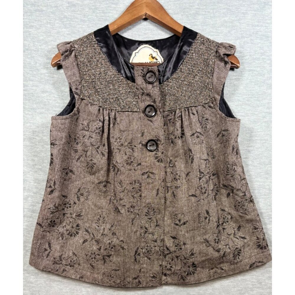 Nick & Mo Womens‎ Vest Top S Brown Floral Cap Sleeve Button-Up